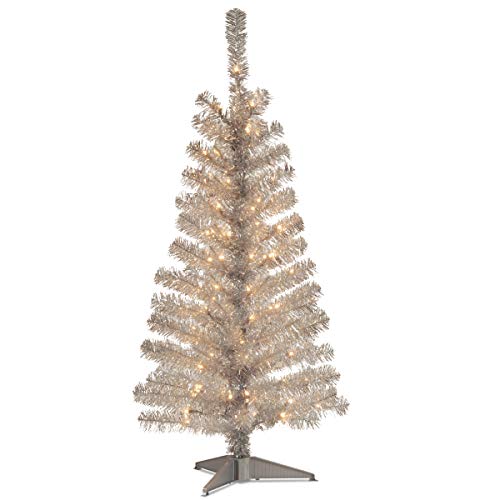 National Tree Company Pre-Lit Artificial Christmas Tree, Silver Tinsel, White Lights, Includes Stand, 4 feet