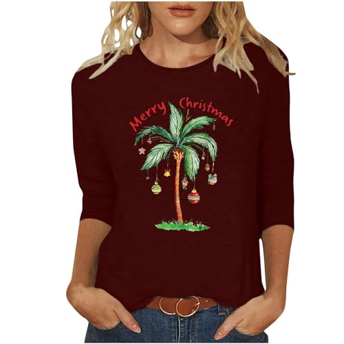 Recent Orders Placed Lightning Deals of Today Christmas Palm Tree Shirts for Women Funny Hawaiian Beach Tropical Xmas Pullover 3/4 Sleeve Christmas Tops Dressy Casual Blouse Gifts 2024 Spring Fashion