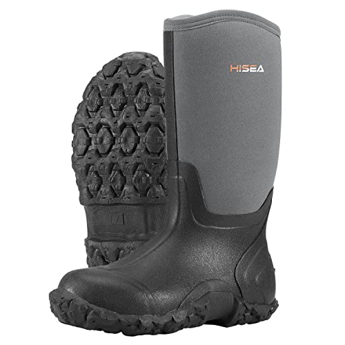 HISEA Men's Rain Boots Waterproof Rubber Boots Neoprene Insulated Mud Boots Outdoor Grey