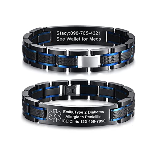 VNOX Medical Bracelet for Men - Stainless Steel Black Blue SOS Emergency Medical Alert ID SOS Bracelets for Men,8.2-8.6 Inches