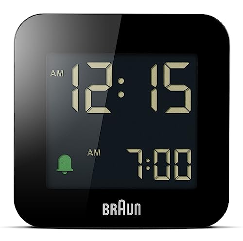 Braun Digital Travel Alarm Clock with Snooze, Compact Size, Negative LCD Display, Quick Set, Crescendo Beep Alarm in Black, Model BC08B (1-Pack)