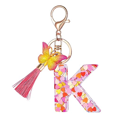 Suweibuke Colourful Cute Initial Letter Keychains for Women Girls with Tassel Butterfly, Charm for Purse Backpacks Handbags Schoolbags (Colorful Pink-K)