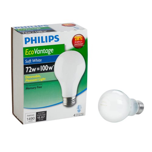 Philips 426049 72-watt A19 Dimmable Halogen Light Bulb, Soft White, 4-Pack