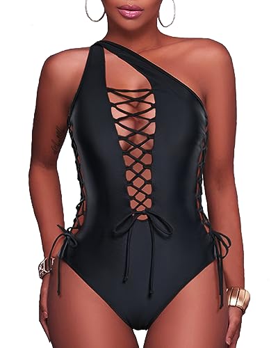 Holipick Women Black Sexy One Piece Swimsuit One Shoulder Bathing Suit Lace Up Swimwear L