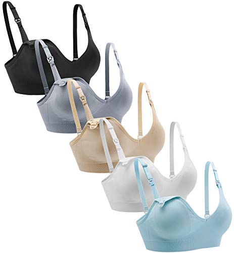 Suekaphin Nursing Bra 5pack Wireless Deep V Neck Maternity Nursing Bra Bralette Sleeping Breastfeeding with Extenders,Large,Black/Nude/White/Gray/Lightblue