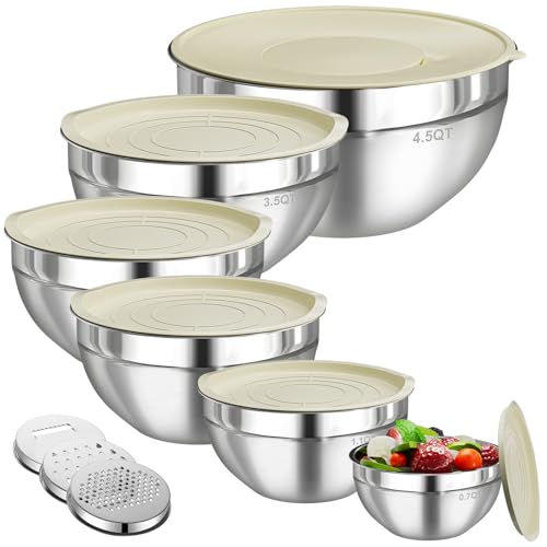 Winproper Large Mixing Bowls with Lids Set, 6 PCS Stainless Steel Mixing Bowls with 3 Grater Attachments, Kitchen Food Storage Organizers Nesting Mixing Bowl, Size 4.5, 3.5, 2.1, 1.5, 1.1, 0.7QT
