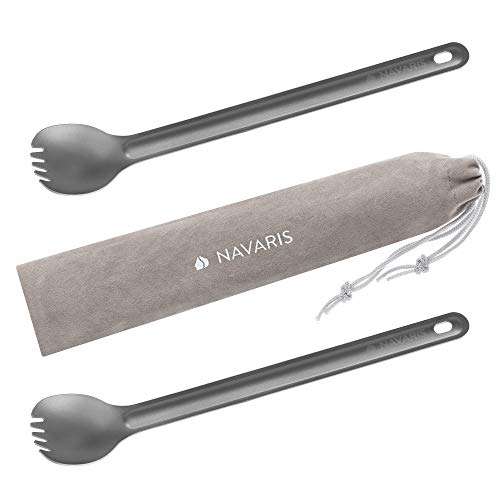 Navaris Long Handle Titanium Sporks (Set of 2) - 8.4' (21.5cm) Long Metal Spork Set for Backpacking and Camping - Strong Ultra Lightweight Cutlery