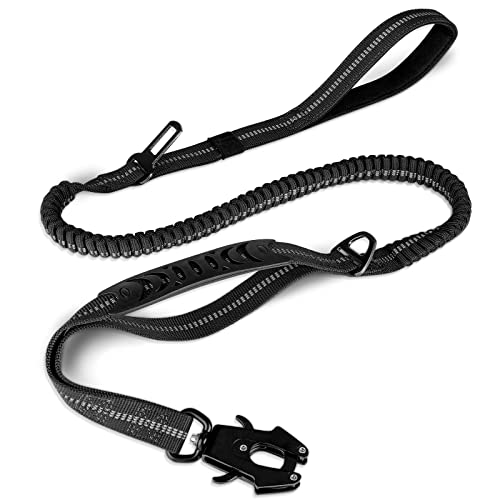 Joytale Tactical Dog Leash Heavy Duty,4-6FT Shock Absorbing Bungee Dog Leash with 2 Padded Handle,Metal Carabiner Clip,Car Seatbelt,Strong No Pull Dog Leash for Medium Large X-Large Dogs,Black