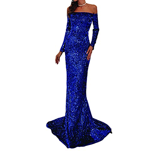 V/A Women Strapless Off Shoulder Long Sleeve Backless Floor Length Sequin Wedding Evening Party Maxi Dress (Blue, Large)