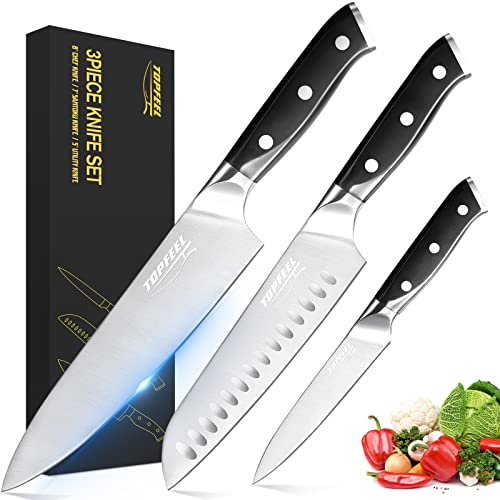 Topfeel Professional Chef Knife Set Sharp Knife, German High Carbon Stainless Steel Kitchen Knife Set 3 PCS-8' Chefs Knife &7' Santoku Knife&5' Utility Knife, Knives Set for Kitchen with Gift Box