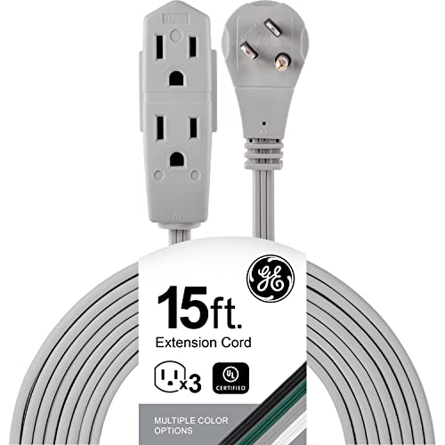 GE 3-Outlet Flat Extension Cord 15 Ft Grounded Extension Cord with Multiple Outlets 3 Prong Outlet Extender Flat Plug Power Strip Indoor Extension Cord 16 Gauge UL Listed Gray 43026