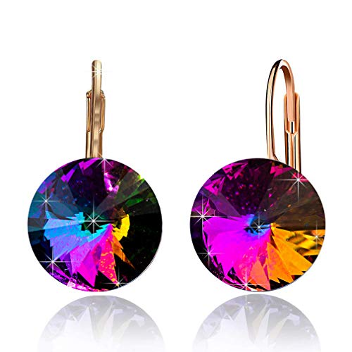 Austrian Crystal Round Drop Earrings for Women 14K Gold Plated Hypoallergenic Leverback Hoop Earrings (Rainbow)