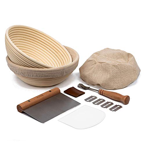 Proofing Set, by Kook, Sourdough Bread, 2 Rattan 9 Inch Banneton Baskets, 2 Basket Covers, Metal Scraper, Plastic Scraper, Scoring Lame, 5 Blades and Case, Baking Kit, Dough Bowls, Round Shape