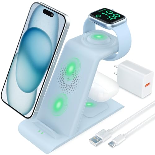 HATALKIN 3 in 1 Wireless Charging Station Compatible for Apple Products Multiple Devices Apple Watch 9 Ultra 8 7 SE 6 5 4 AirPods Pro 2 iPhone 15 14 13 12 11 Pro Max 8 Plus Fast Wireless Charger Stand