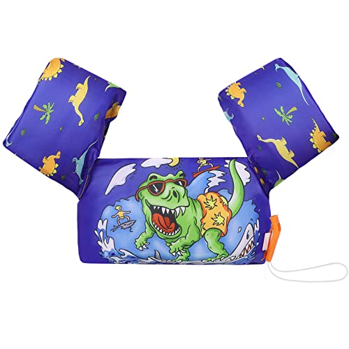 MoKo Toddler Swim Vest for Kids 20-50lbs, Lovely Cartoon Swimming Wings Pool Floats Sleeve Children Swim Arm Band Water Sports Learning Swim Training Equipment, Blue & Surfing Dinosaur