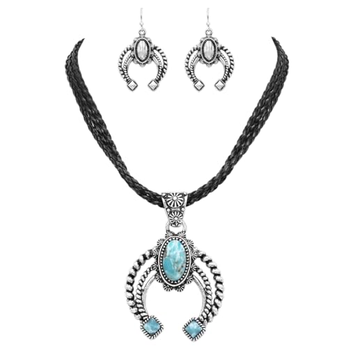 Rosemarie & Jubalee Women's Burnished Silver Tone Western Squash Blossom With Turquoise Howlite On Braided Vegan Leather Triple Strand Corded Necklace Earrings, 16'+3' Extension