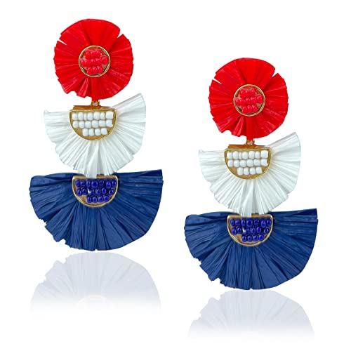 Statement Earrings American Flag Beaded Raffia Palm Bohemian Drop Dangle Earrings for women