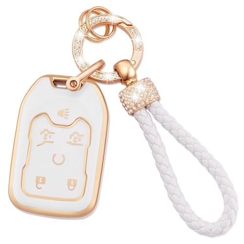 EKALA for GMC Key Fob Cover with Keychain Lanyard, 6 Buttons Soft TPU Keys Shells White Key Fob Cover Compatible with GMC Terrain Yukon Chevrolet Suburban Tahoe Key Fob Protector(G-M-CC)