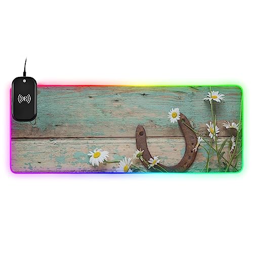 VKPSCHJ Mouse Pad with Wireless Charger 15W Large for Gaming,Rusty Horseshoe Daisies Flower PC,Laptop,Desk, Rustic Wooden RGB Glowing Computer Keyboard Mats Pads Non-Slip for Home & Office