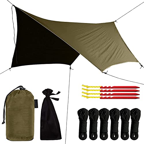 The Finix Rain Fly Tarp Waterproof Shelter Canopy Lightweight for Hammock, Backpacking or Camp Gear Premium Quality 12 x 9 ft, Green Army