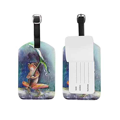 Luggage Tag 2 Pack, Frog Animal Lotus Leaf Luggage Tags for Suitcases Women Travel Bag Labels PU Leahter Baggage Tag with Privacy Name ID Card