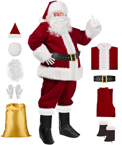 Santa Claus Costume for Men Christmas, Santa Suit 9 PCS, Santa Costume for Men Deluxe, Santa Outfit Velvet