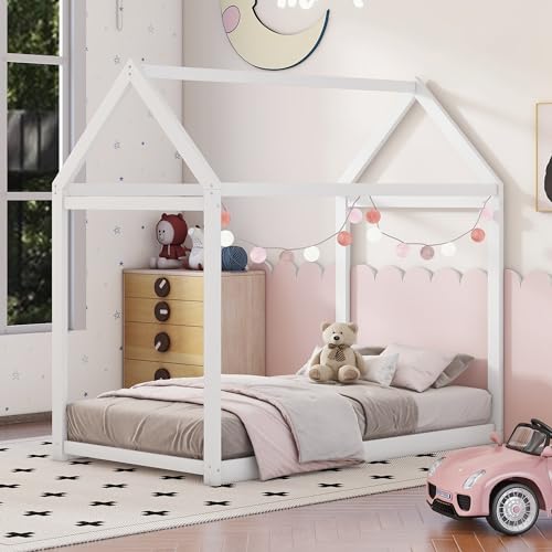 Twin House Floor Bed for Kids, Wooden Twin Montessori Bed Frame,Kids Twin Bed Frames for Baby Girls, Boys(Twin, White)