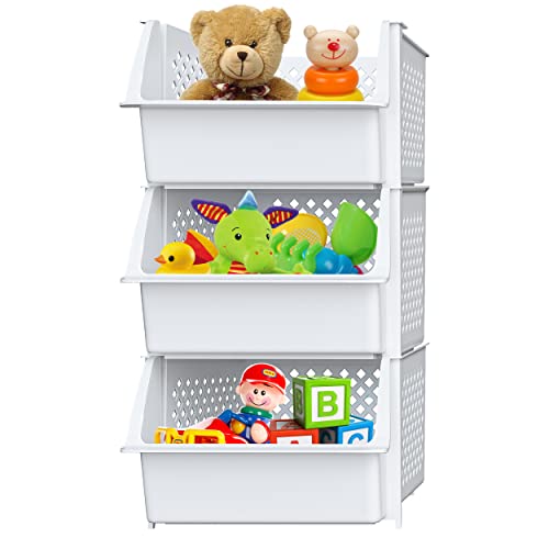Skywin Plastic Stackable Storage Bins for Pantry - 3 Pack White Stackable Bins For Organizing Food, Kitchen, and Bathroom Essentials
