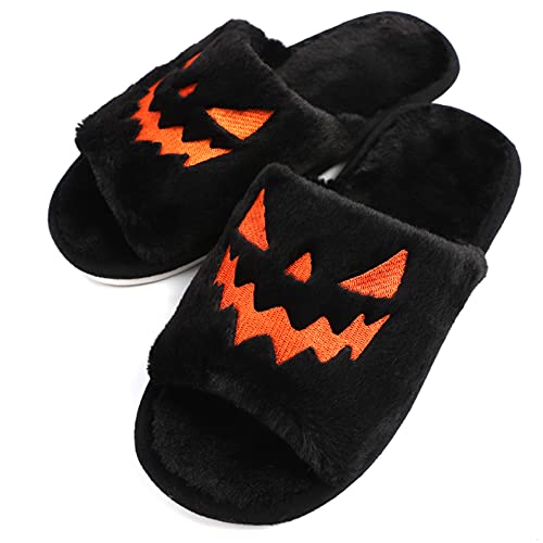 TITTOK Spooky Slides Halloween Slippers Jack O Lantern Pumpkin Soft Plush Cozy Open Toe Indoor Outdoor Fuzzy Slippers Gifts For Girls Women Girlfriend Men Black