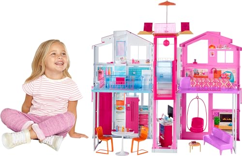 Barbie Doll House, 3-Story Townhouse with 4 Rooms & Rooftop Lounge, Furniture & Accessories Including Swinging Chair (Amazon Exclusive)