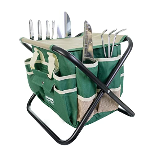 GardenHOME Garden Tool Set, Stainless Steel 7 Piece Tool Set, Heavy Duty Folding Stool, Detachable Canvas Tote Bag, Gardening Tool Kit Organizer