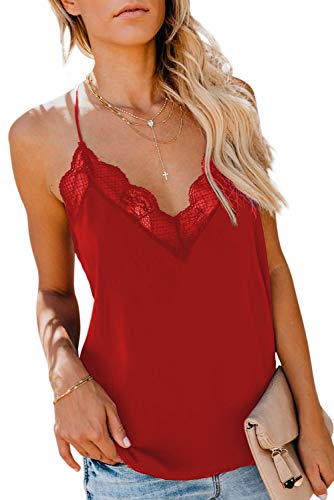 lime flare Women Sexy Deep V Neck Lace Trim Satin Cami Tank Tops Dressy Silk Lacy Camisole Shirt (XX-Large,C# Bright Red Lace)