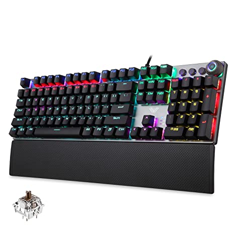 AULA True Mechanical Keyboard Wired LED Rainbow Backlit Gaming Keyboard with Tactile Brown Switches Detachable Wrist Rest, Full Size 108 Keys Anti-Ghosting Computer Mechanical Keyboard - Black