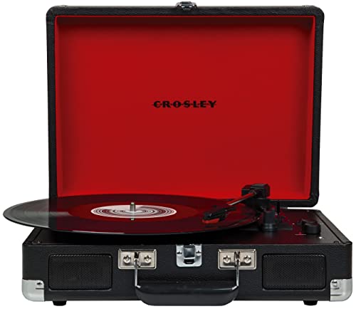 Crosley CR8005F-BK Cruiser Plus Vintage 3-Speed Bluetooth in/Out Suitcase Vinyl Record Player Turntable, Black/Red