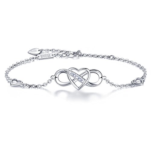 Billie Bijoux Women 925 Sterling Silver Infinity Bracelet Forever Love” Infinity Heart White Gold Plated Diamond Adjustable Bracelet Best Gift for Women Girls Mother's Day (A-silver)
