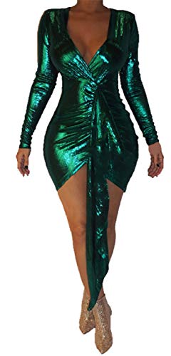 Women's Bodycon Club Dress Sexy V Neck Sparkly Mini Outfits for Party Night (Large, 3 Green