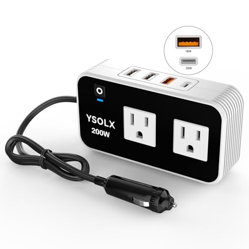 YSOLX 200W Car Power Inverter, DC 12V to 110V AC Inverter, Car Charger Adapter with [20W USB-C]/USB-QC(18W)/4.8A Dual USB/Dual AC Outlet, Car Plug Adapter Outlet for Laptop/Road Trip