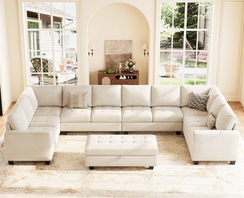 Belffin Oversized Velvet U Shaped Sectional Sofa Set Modular Sectional Sofa Set Convertible Sectional Sofa Couch with Storage Ottoman Corner Modular Sofa Couch Beige