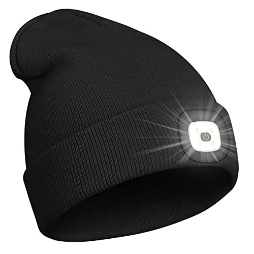 PRAVETTE Unisex Beanie with Light Gifts for Men Dad Father Husband USB Rechargeable Hands Free LED Headlamp Cap Mens Gifts A-Black