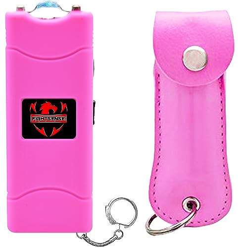FIGHTSENSE Mini Stun Gun Keychain & Pepper Spray Combo Pack for Self Defense Kit - Extremely Powerful Stun Gun Flashlight for Women (Pink)