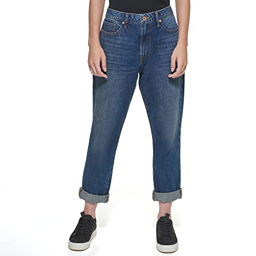 DKNY Women's Cuffed Boyfriend Straight Jeans, Dark WASH