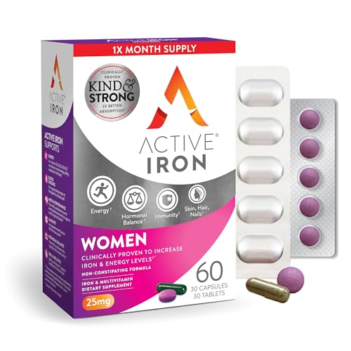 Active Iron for Women, Non-Constipating, 30 Active Iron High Potency Capsules with 30 Multivitamin Tablets, Helps Strengthen Your Immune System
