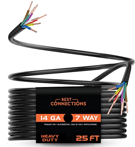 BEST CONNECTIONS 7 Way Trailer Wire (25 Feet)  Heavy Duty 14 Gauge 7 Conductor Insulated Cable  Durable, Weatherproof, Color-Coded 7 Way Trailer Wiring Extension for RV Trailer and Automotive