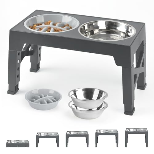 Petace Elevated Dog Bowls with 2 Stainless Steel Dog Food Bowls and 1 Dog Slow Feeder Bowl, 5 Heights Adjustable Raised Dog Bowl for Small Medium Large Dogs, Grey