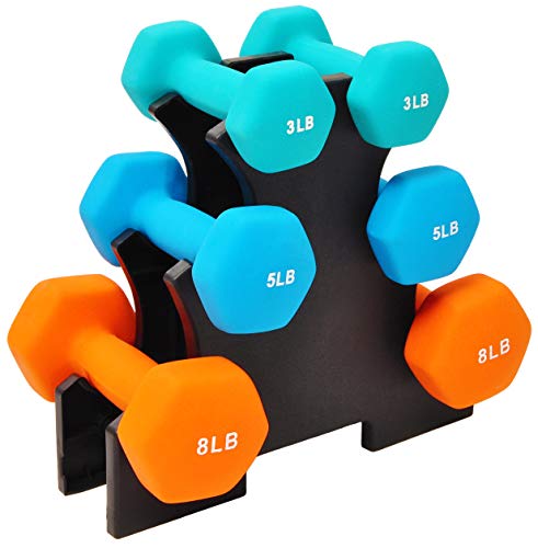 BalanceFrom Colored Vinyl or Neoprene Coated Dumbbell Set with Stand, 32-Pound Set with Stand, 3LB, 5LB, 8LB Pairs, Cast Iron