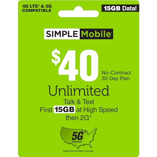 SIMPLE Mobile $40 Unlimited Talk,Text&Data(15GB High–Speed)[Physical Delivery]