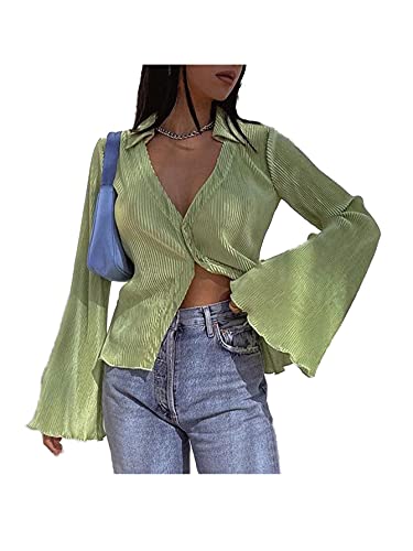 LYANER Women's Deep V Neck Button Front Bell Long Sleeve Blouse Shirt Top Light Green Large