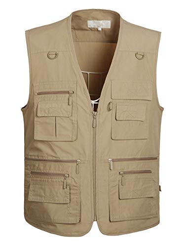 Lentta Men's Fishing Vest Summer Outdoor Work Safari Photo Cargo Vest 14 Pockets(PoplinKhaki-L)