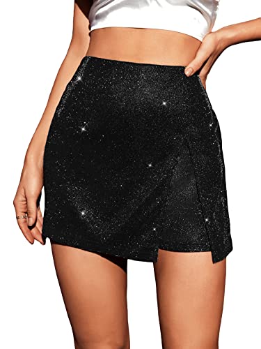 SweatyRocks Women's High Waisted Asymmetrical Wrap Hem Glitter Skorts Skirt with Shorts Black M