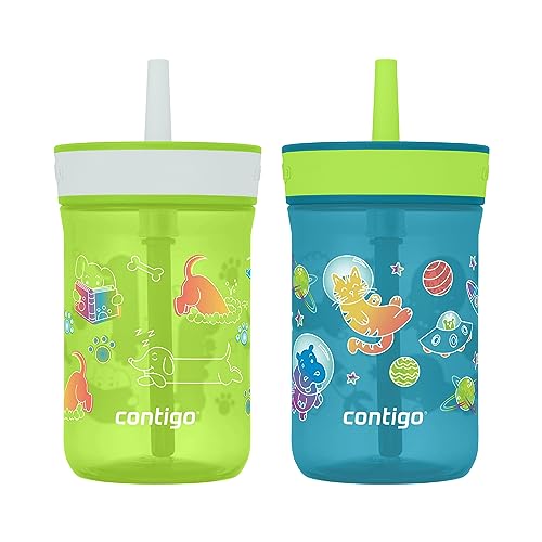 Contigo Leighton Kids Plastic Water Bottle, Spill-Proof Tumbler with Straw for Kids, Dishwasher Safe, 14oz 2-Pack, Lime/Dogs & Juniper/Space
